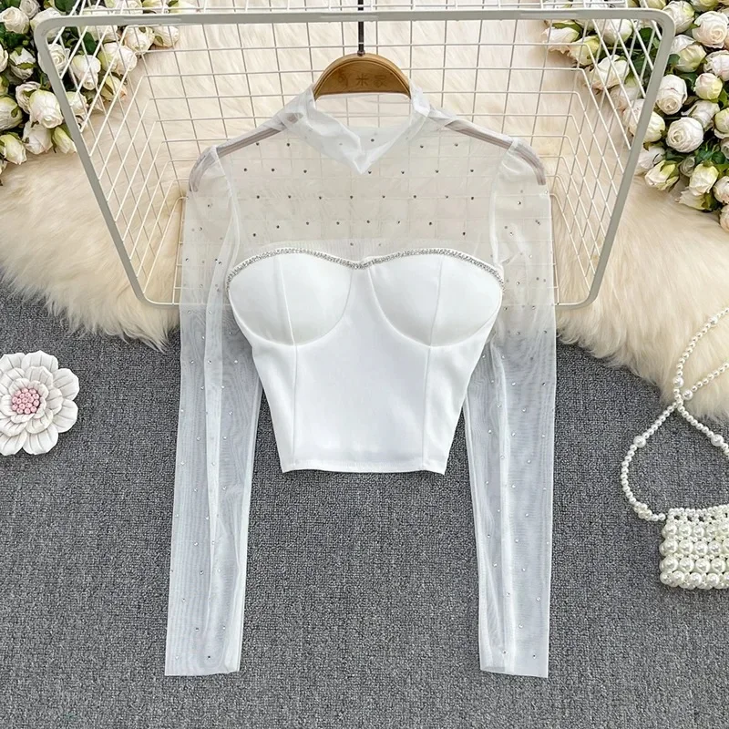 Korean Chic Beading Guaze Patchwork Blouse Shirts Chest Padding Slim Long Sleeve Tops 2024 New Y2k Aesrtetic Elegant Blusas