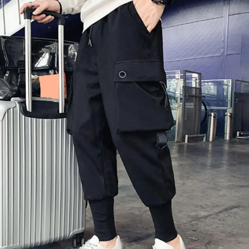 Men Cargo Pants Ankle-banded Loose Solid Color Multi Pockets Soft Breathable Drawstring Elastic Waist Casual Sport Men Sweatpant