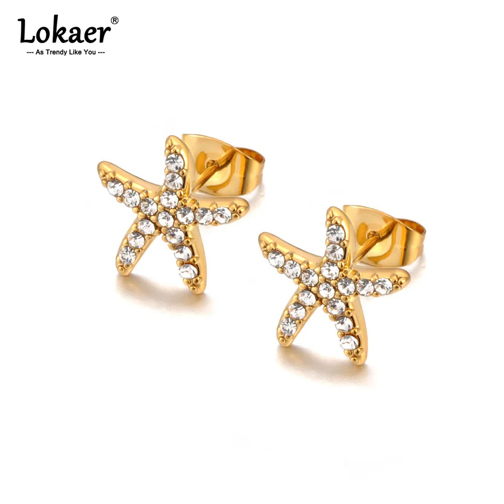 Lokaer Shiny Starfish Multiple Rhinestone Inlaid Stainless Steel Earrings Waterproof Summer Ocean Beach Jewelry Accessory E25043