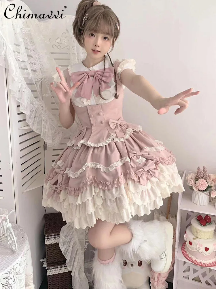 

Spring and Summer 2025 Summer New Sweet Doll Lolita Cake Skirt Cute Short-sleeved Shirt and Vest Tops Kawaii Lolita Skirts Sets