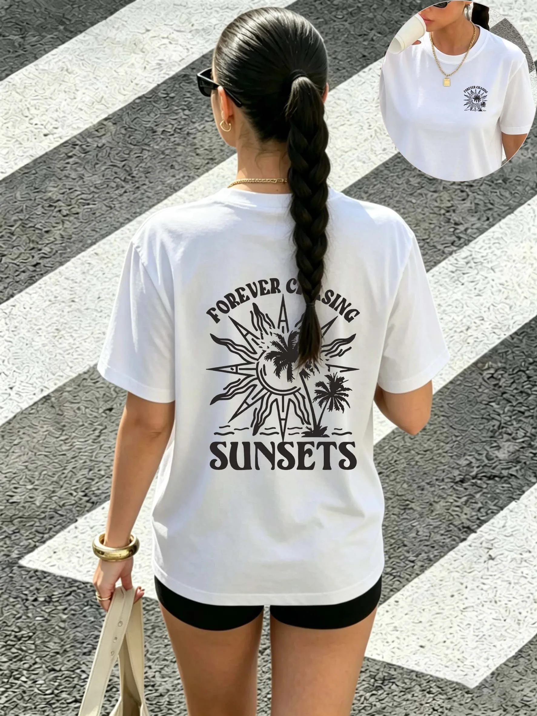 Camiseta retro de algodón con estampado de doble cara FOREVER CHASING SUNSETS para mujer, blusas holgadas