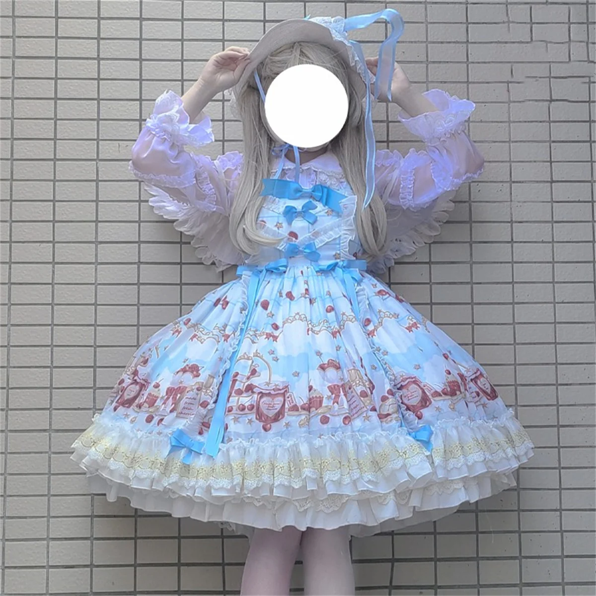 

French Retro Romantic Style Cosplay Lolita Jsk Kawaii Tea Party Girls Print Jam Cherry Cake Ribbon Bow Lace Ruffle Dress