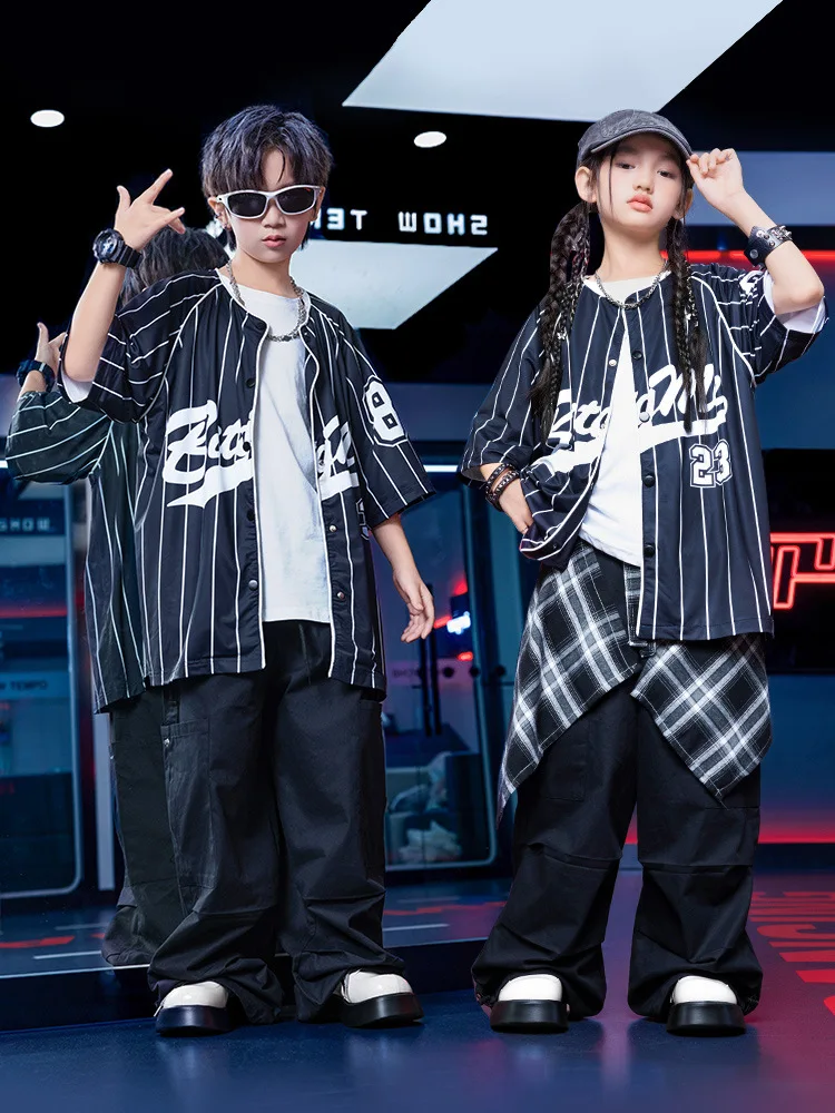 

Kid Kpop Hip Hop Clothing Black Striped Baseball Cardigan Shirt Casual Parachute Cargo Pants for Girl Boy Dance Costumes Clothes