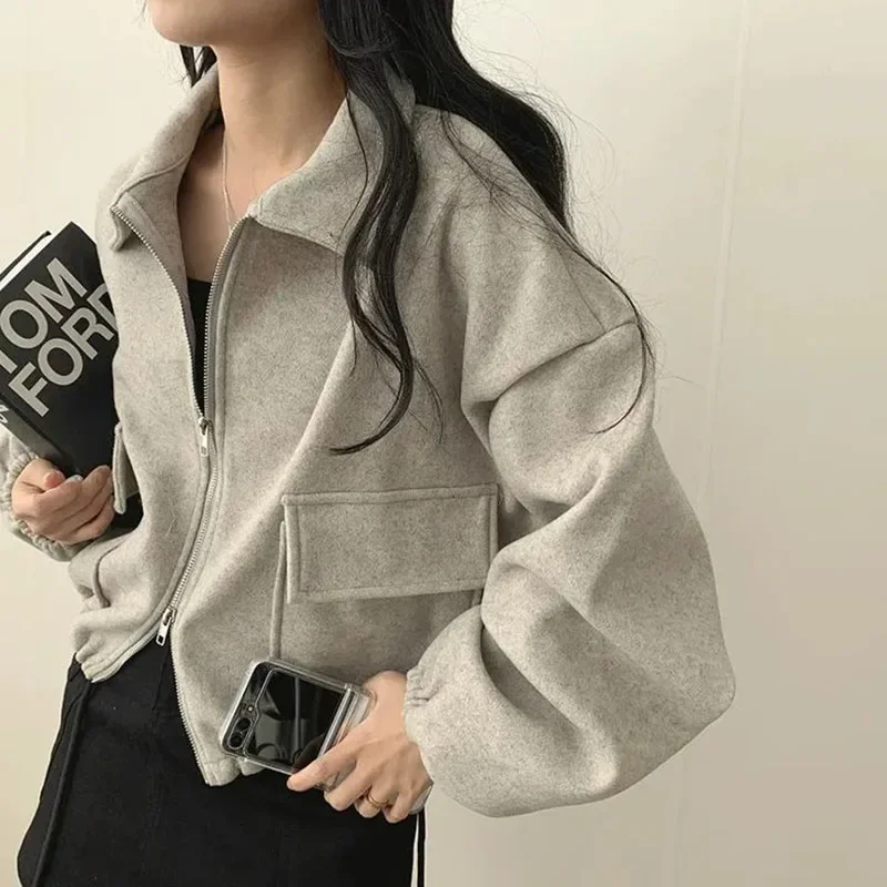 New Autumn And Winter Stand-Up Collar Cropped Jacket  Y2KHarajuku Street Style, Women's Casual Drawstring Loose Long-Sleeve Coat