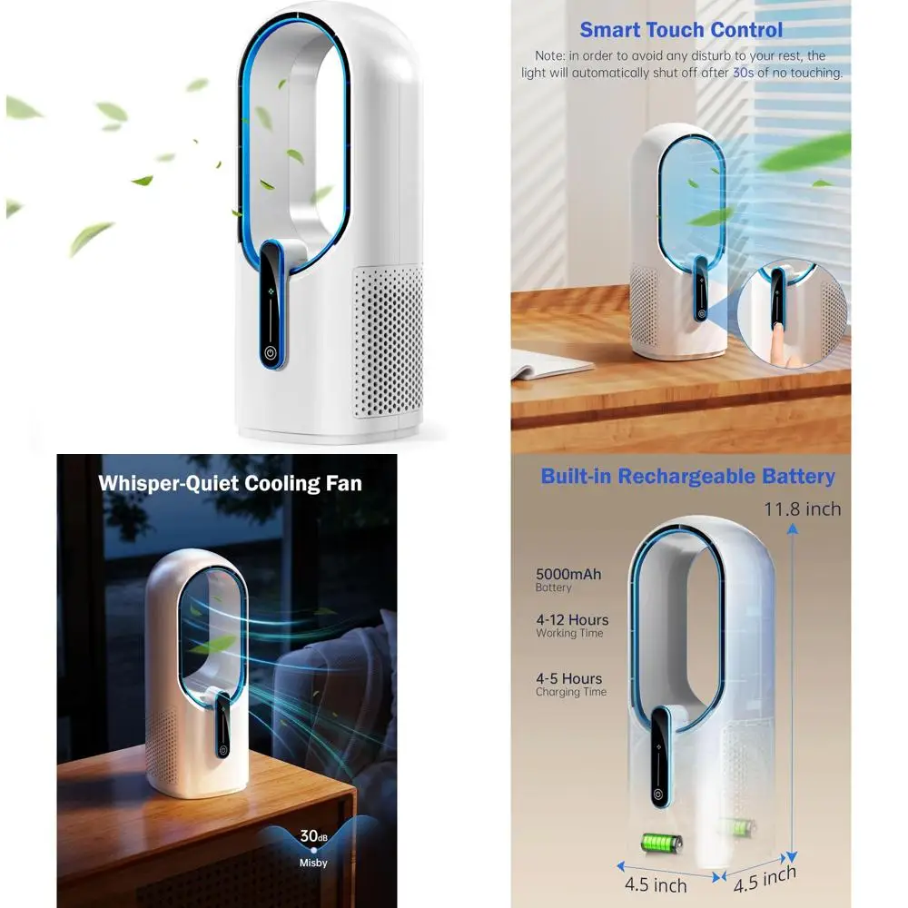 

Портативный безлопастной настольный вентилятор 11.8 с аккумулятором 5000 мАч, 3 скорости, сенсорное управление, бесшумная работа для дома и офиса
