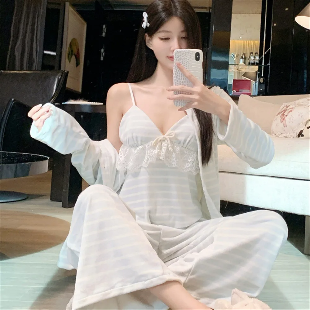 

Casual Blue Striped Shirt Sling Pants Velour Home Clothing 3pcs Sleep Set Women Pajamas Suit Long Sleeve Velvet Homewear Pyjamas