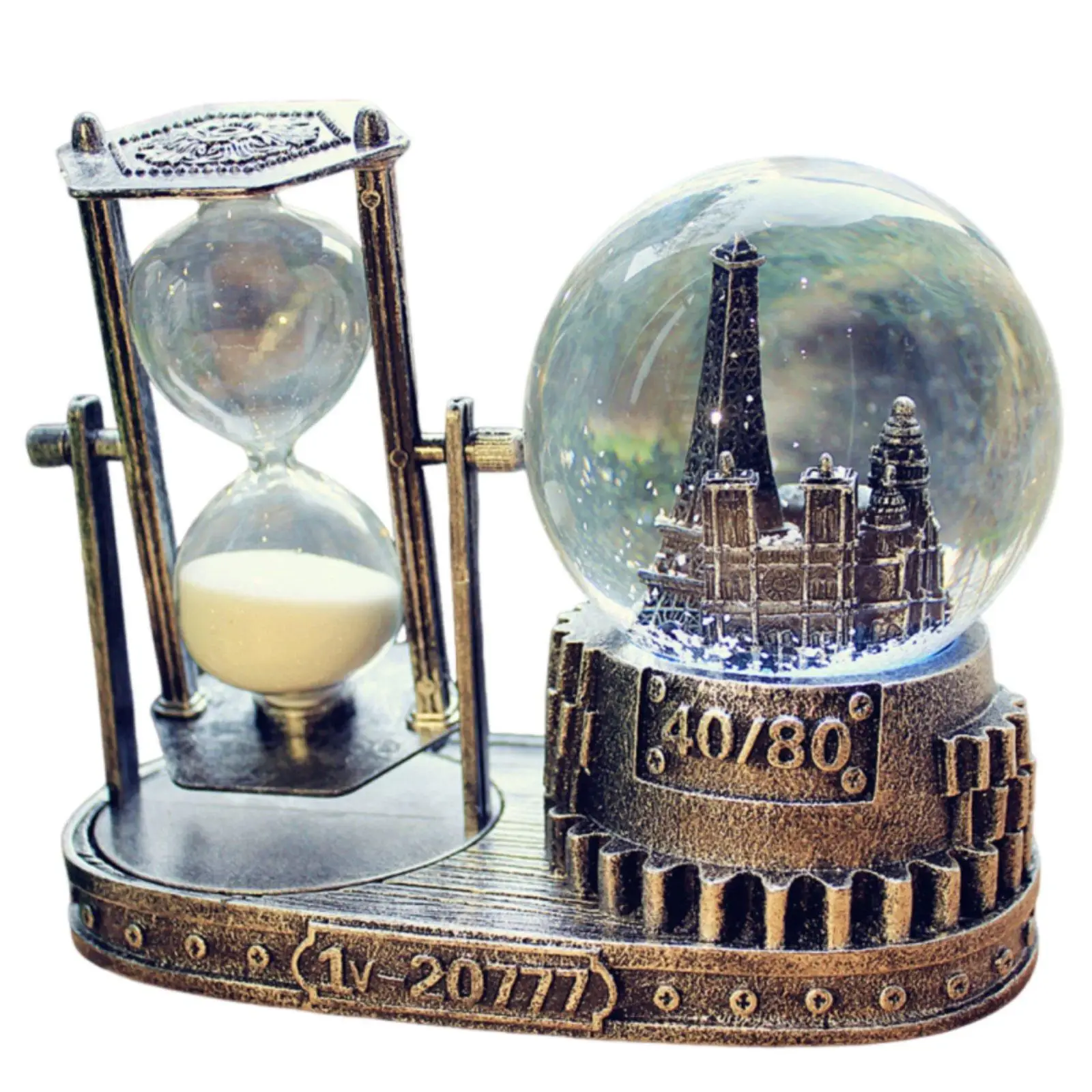Resin Glass Snow Globe Hourglass with Music Box and Mini Paris Tower for Tabletop Decor and Gift Set