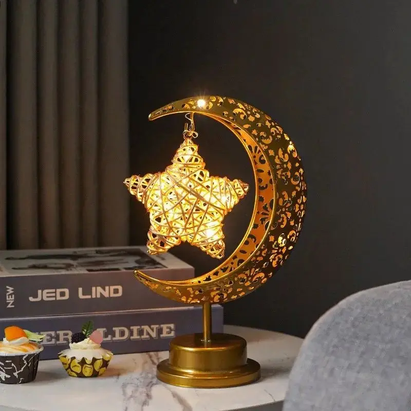LED Hollow Out Moon & Star Desk Lamp – Rattan & Hemp Rope Design, USB/Battery Powered, Warm Glow For Bedroom, Living Room & Ramadan Decor