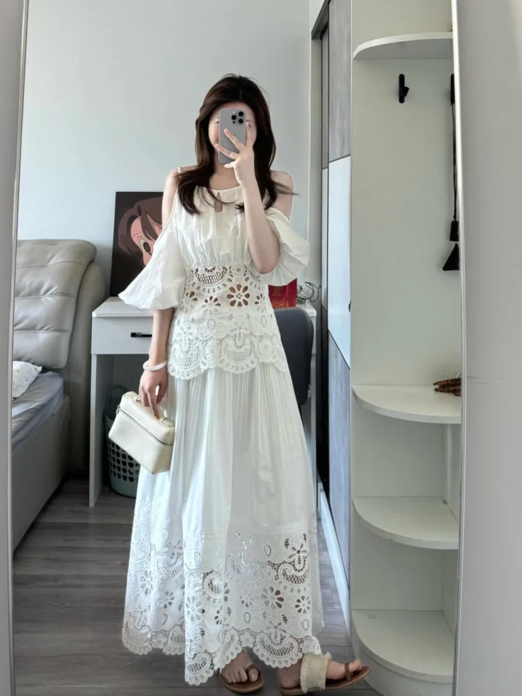 

Hollow Jacquard Skirts Set Outfit Woman 2025 New Summer White Elegant Chic Korean Off Shoulder Lace Shirt+High Waist Long Skirt