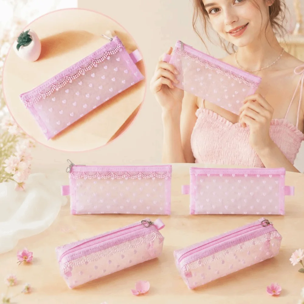 New Flower Edges Cosmetic Bag Mesh Lace Heart Makeup Storage Pouch Transparent Sweet Toiletry Bag Storage for Travel