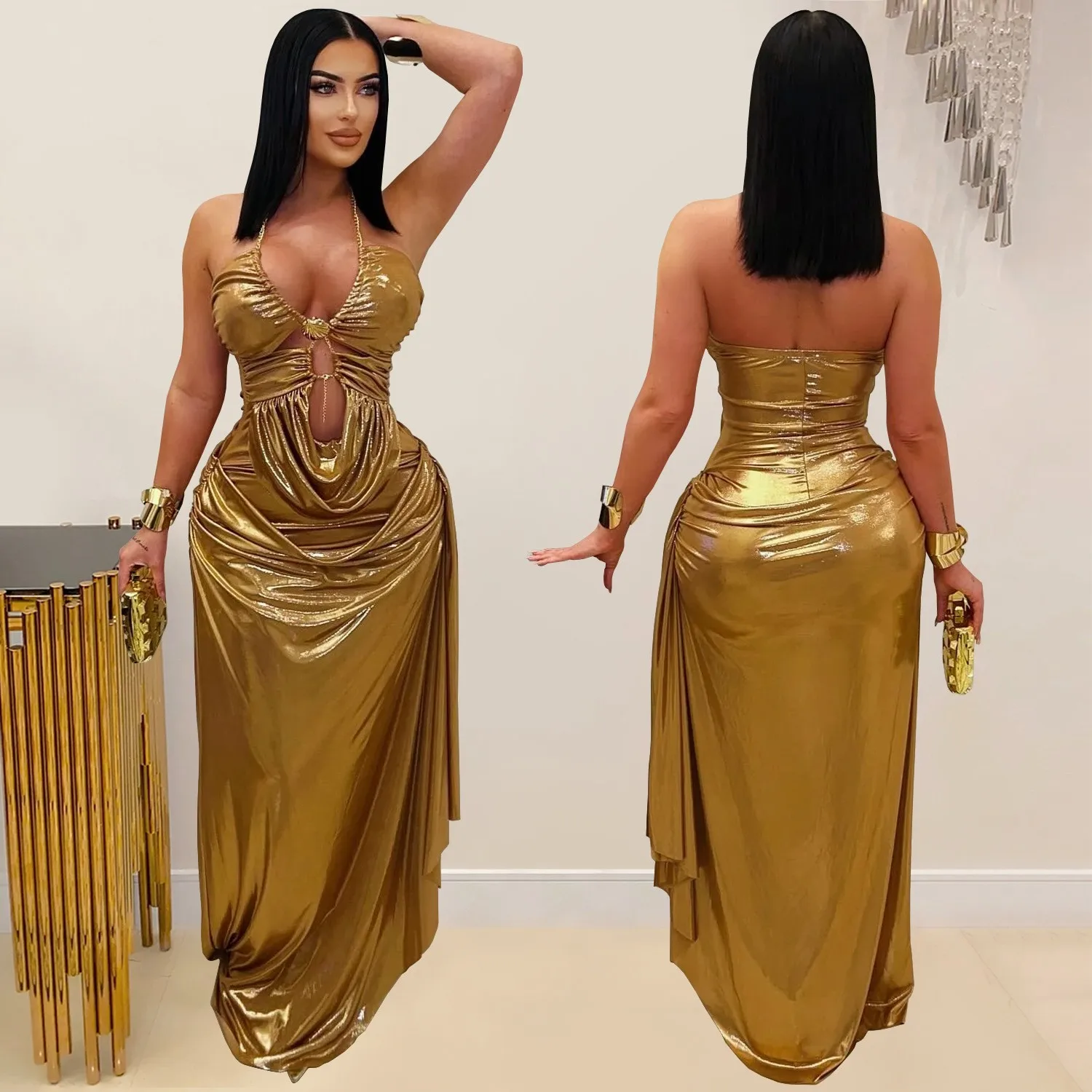 Prom Dress Evening Wedding Guest Halter Neck Long Sleeveless High Waist Metallic Gold Ruched Waist Cut Out Detail Maxi Dress
