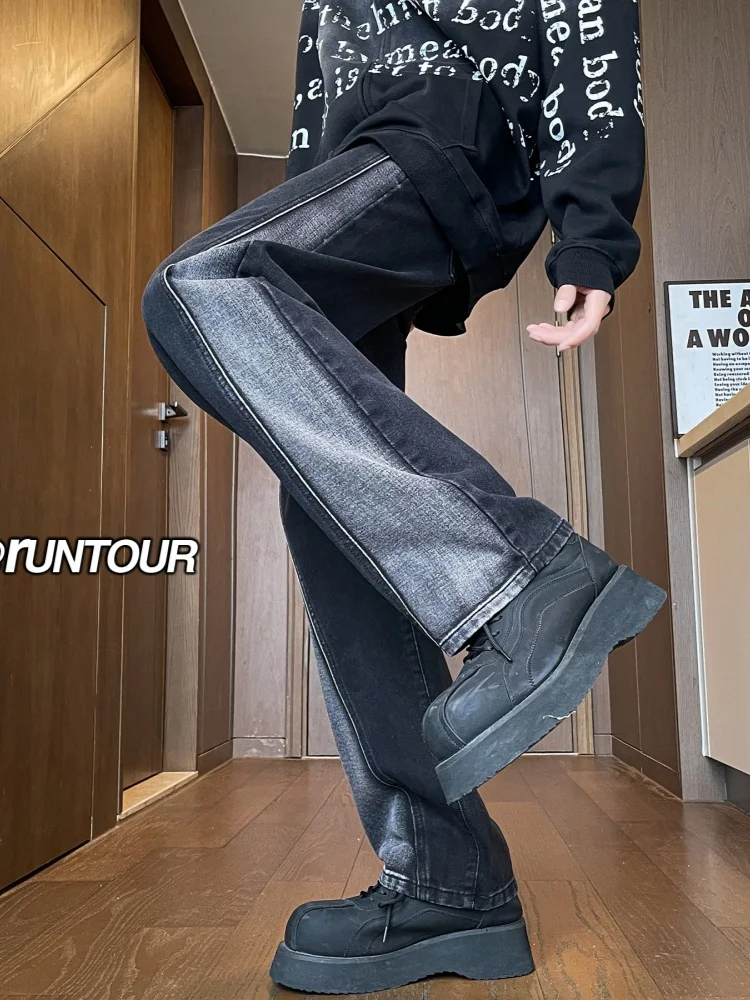 

American Retro Patchwork Men's Jeans Spring Autumn High Waist Straight Leg Micro Flare Long Pants CleanFit Cotton Polyester B...