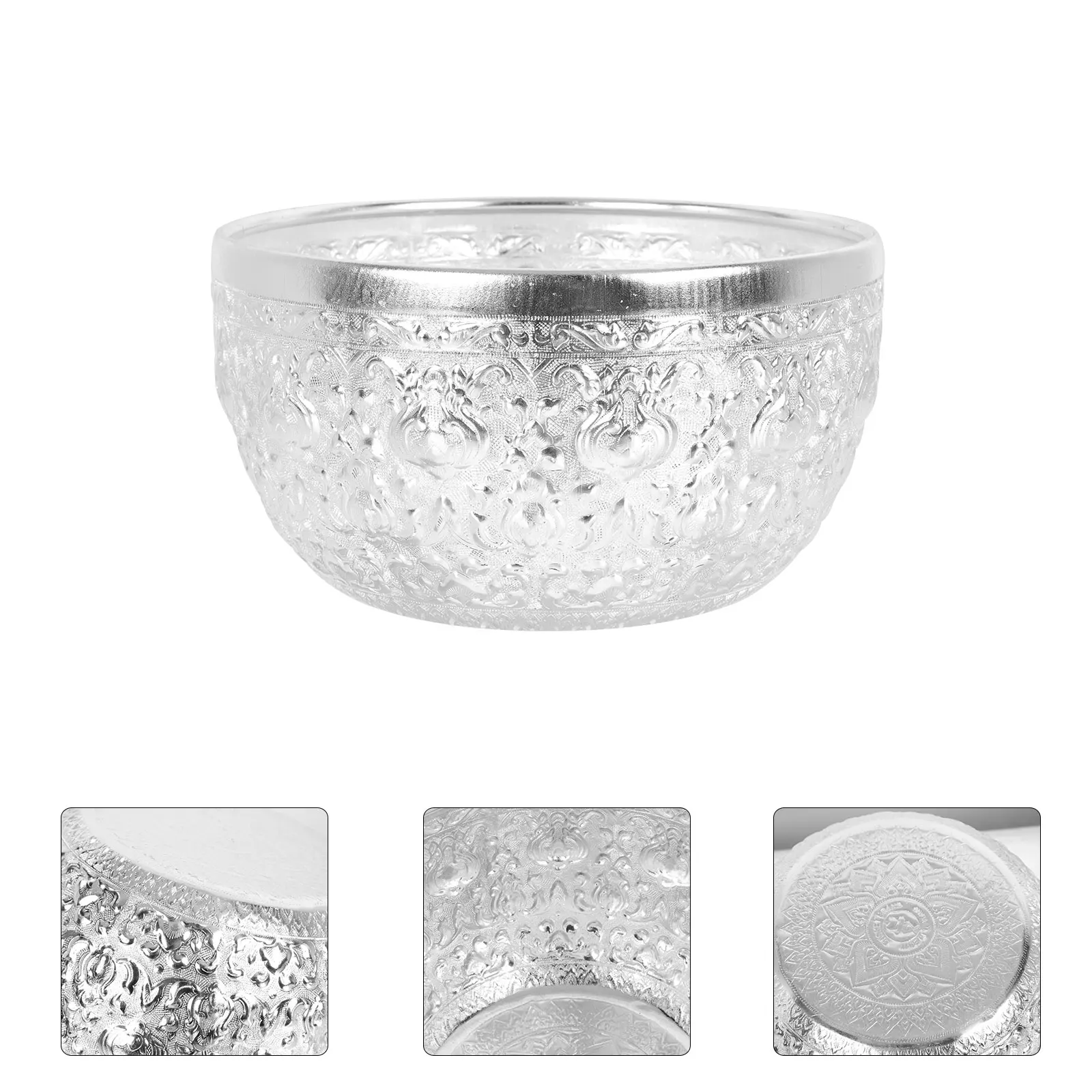 

Round Shaped Metal Silver Restaurant Home Use Hand Carved Kitchen Tableware Food Storage Bowl Hotel Dining Decorative