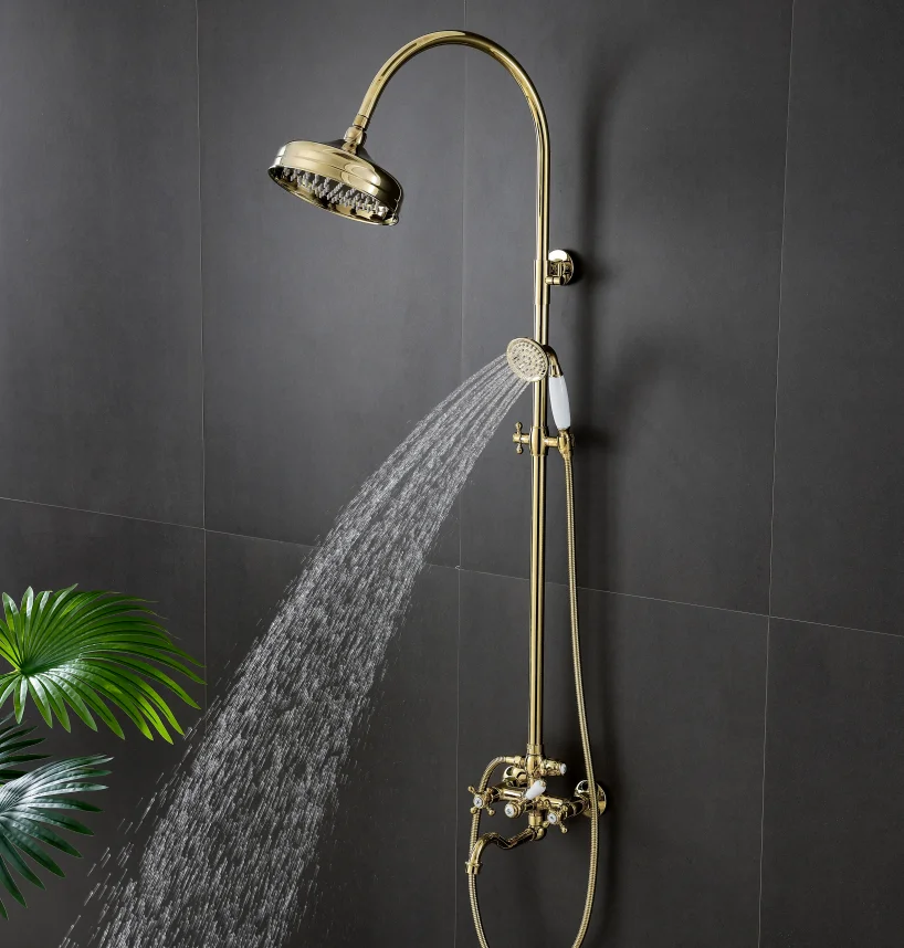 Shower Shower Set Vintage Gold Lifting Rod Full Copper Top Spray Shower Household Bath Faucet