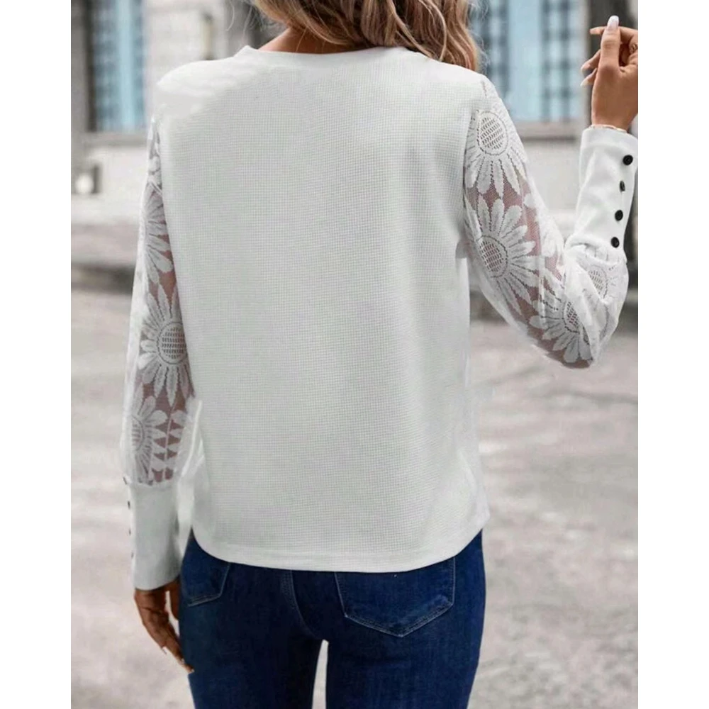 Women Sheer Mesh Contrast Floral Pattern Buttoned Decor Long Sleeve Top Fashion Casual Round Neck Elegant Blouse Summer Wear