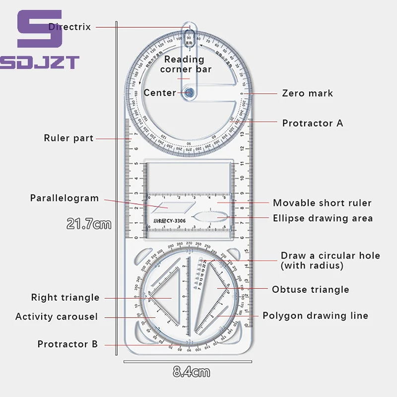 For School Multifunctional Primary School Activity Drawing Geometric Ruler Triangle Ruler Compass Protractor Set Measuring Tool