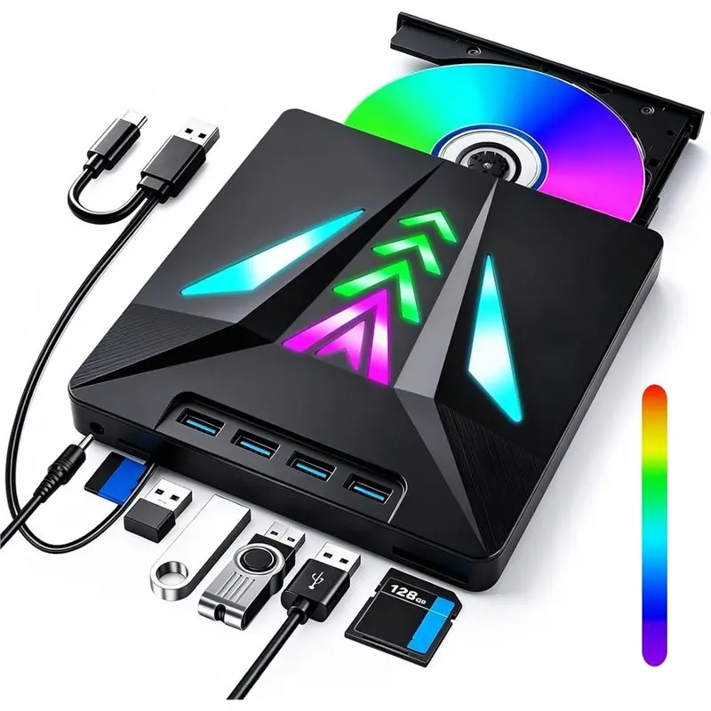 [B24B!】 External USB 3.0 CD/DVD Drive With 4 USB Ports, SD/TF Card Reader,+ /-RW ROM Burner, And LED Light For Laptop, PC