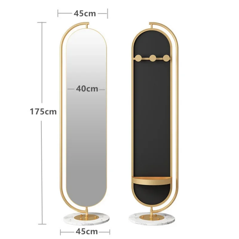 مرآة قائمة بطول كامل قابلة للدوران مع رف وخطافات مرآة أرضية دوارة لمدخل غرفة النوم وغرفة الملابس ومرآة مكياج