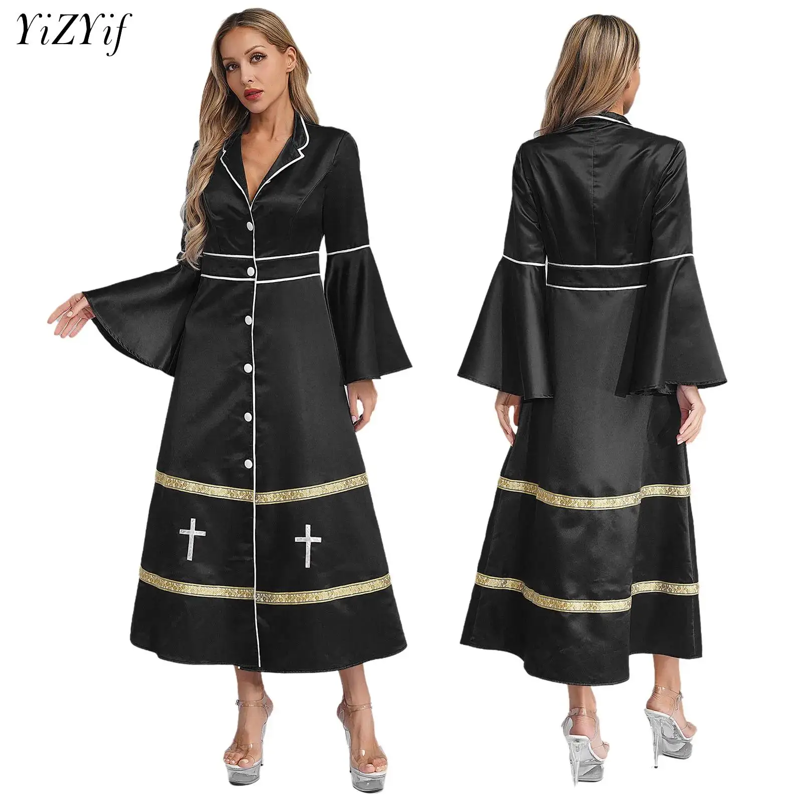 

Priests Cosplay Costume Coat Adult Women Clergy Minister Robe Long Sleeve Cassock Church Pastor Long Gown Halloween Costume