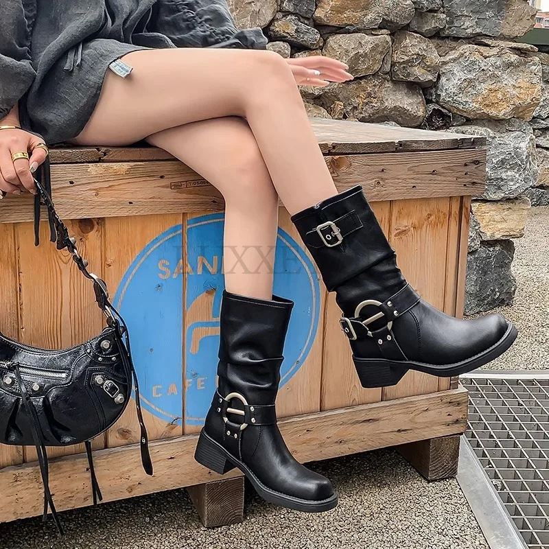 Mid Calf Women\'s Motorcycle Boots Street Style Woman Punk Winter Boots Leather Riding Equestrian Boots with Buckle Botas Mujer