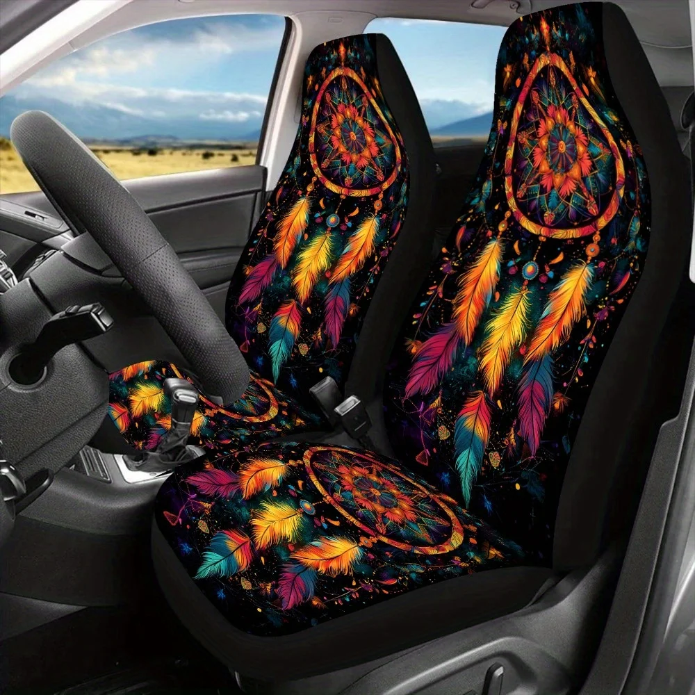2pcs Colorful Wind Chime Print Car Seat Covers For Women And Men, Universal Auto Front Seat Protector Fits Car, SUV, Sedan, Truc