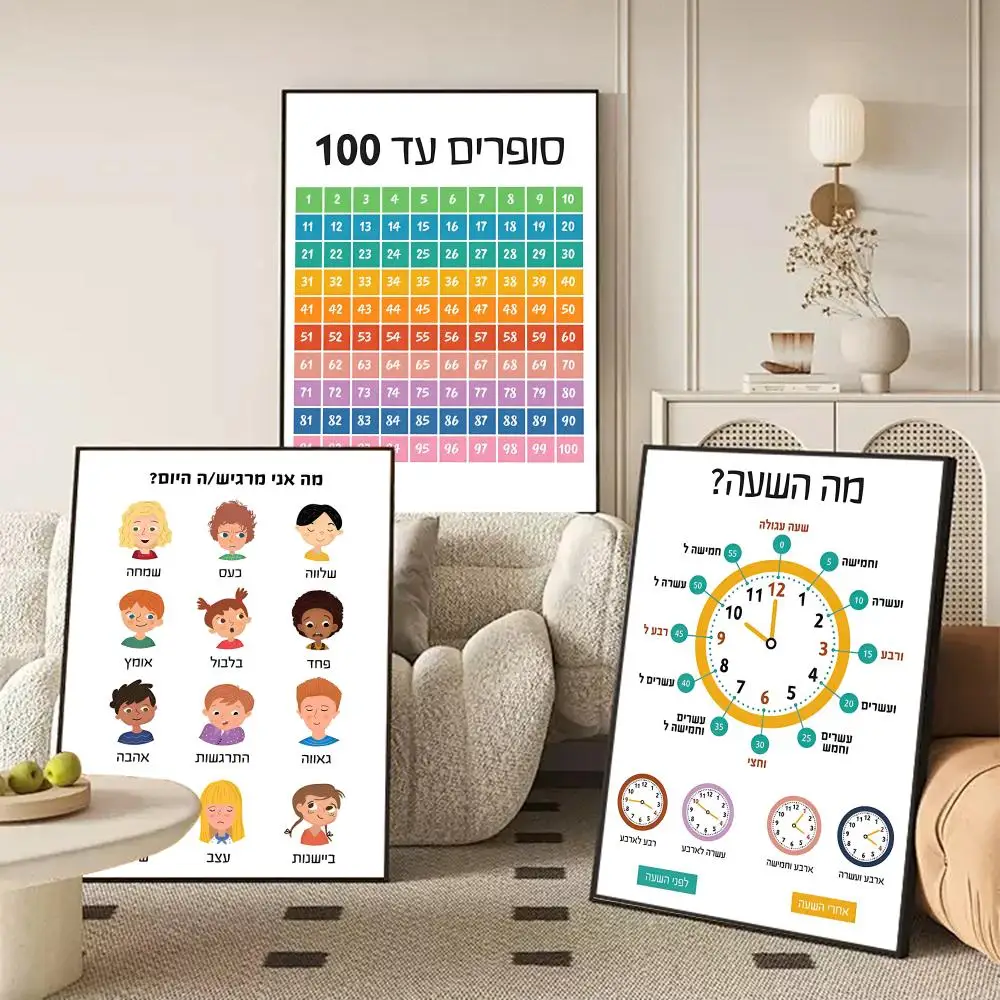 Jewish Alphabet Art Canvas Nordic Hebrew Letters Kids Poster Self Adhesive Wall Stickers Removable Room Aesthetic Decor Murals