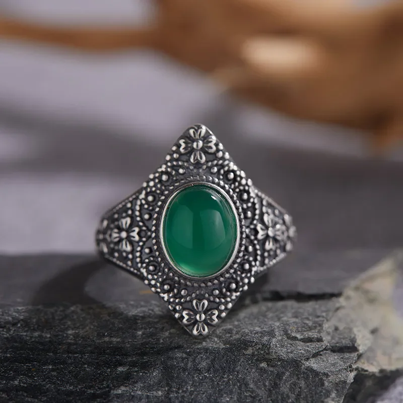 Retro Thai silver rhombus malachite lapis lazuli ring women's S925 silver ethnic style pattern open index finger ring