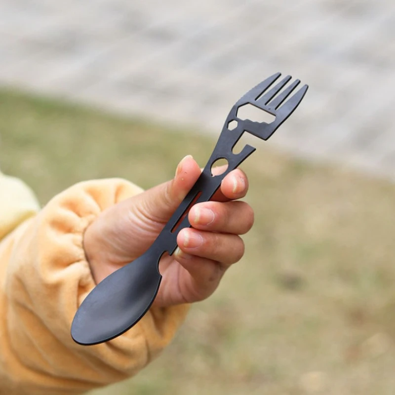 Portable Stainless Steel Fork Spoon Versatile Camping Spork Lightweight Bottle Opener Knife Convenient Outdoor Camping Tool