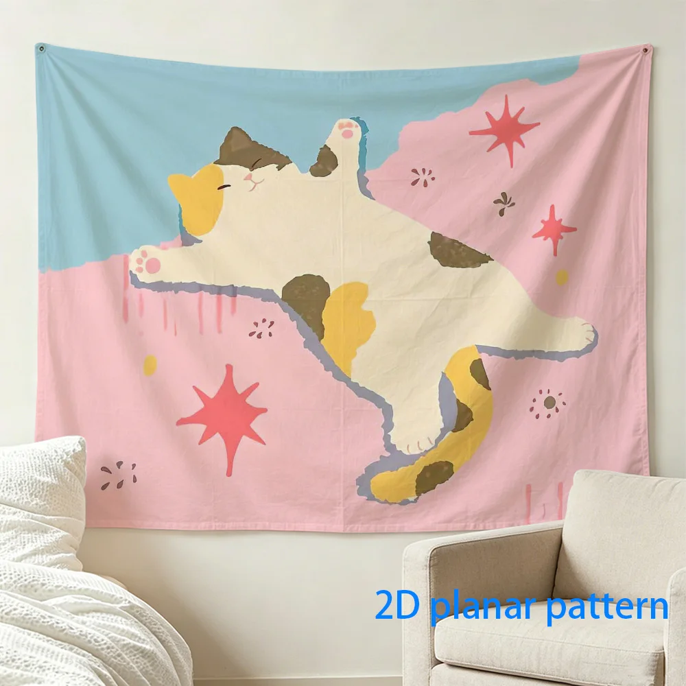 Cute Cat Tapestry, Kawaii Floating Kitty Wall Hanging, Pastel Star Bedroom Decor, Soft Animal Art Blanket, Gift