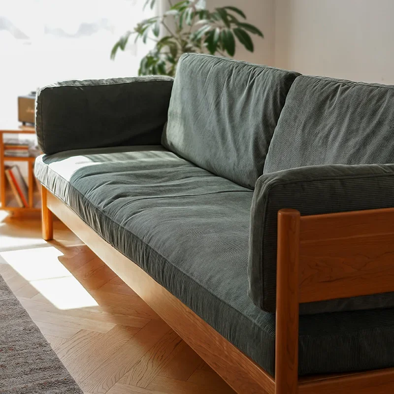 شقة صغيرة على الطراز الياباني أريكة من الخشب الصلب بالكامل، نسيج سروال قصير عتيق، ثلاثة أشخاص، أريكة أثاث من خشب الكرز #3