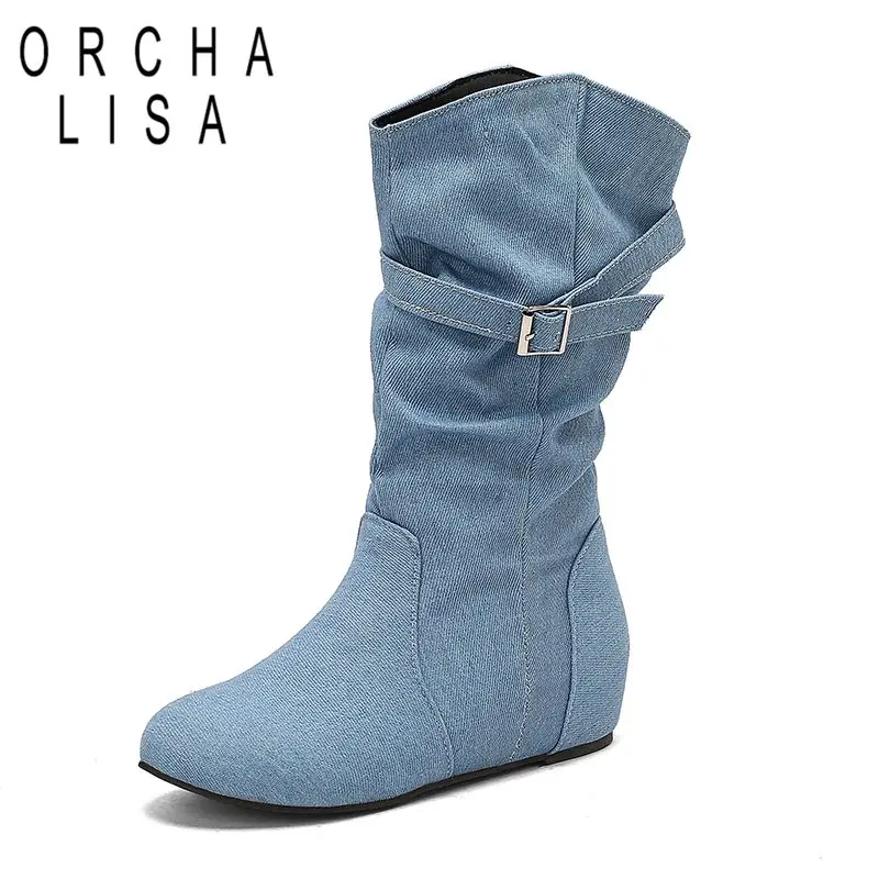 

ORCHA LISA 2025 Casual Female Mid Calf Boots Round Toe lncreased Heel 4cm Zipper Belt Buckle Large Size 48 49 50 Daily Booties