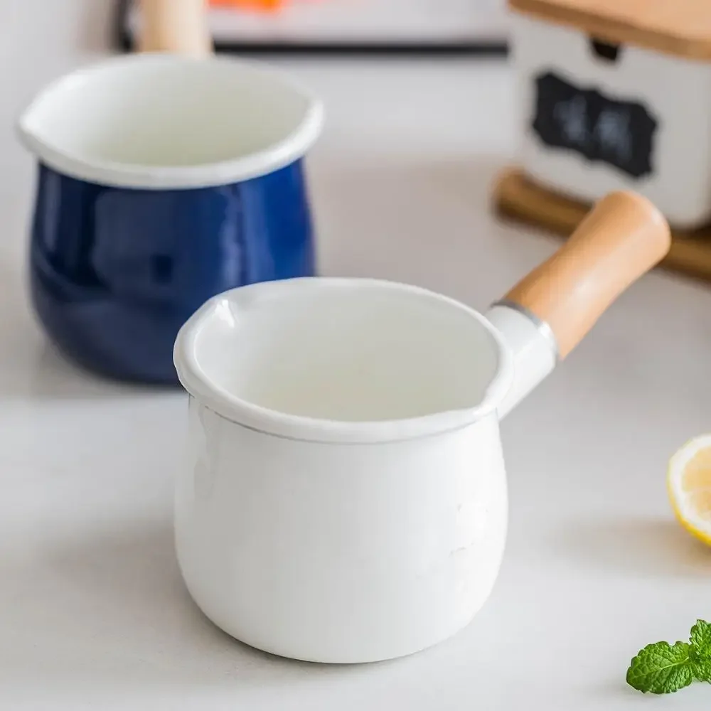 500ml Japanese Style Milk Pot With Wooden Handle Mini Enamel Butter Coffee Pot Saucepan Cookware Pan For Gas Cooker Kitchen Tool