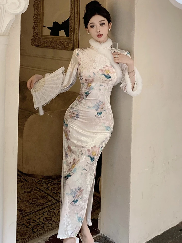Robe longue en velours à fleurs, col Faux, élégante, coréenne, moulante, robe de bal, mode luxe, Festival, automne hiver 2025