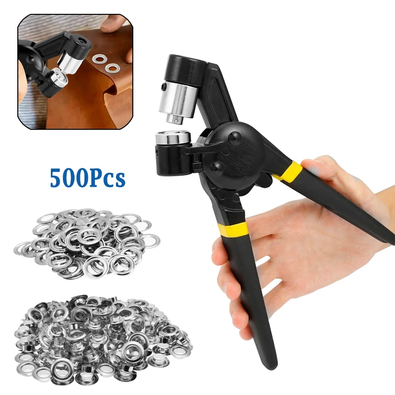 12mm Manual Eyelet Puncher Handheld Press Button Grommet Plier Punching Machine Hand Tool with 500Pcs Eyelet Grommets