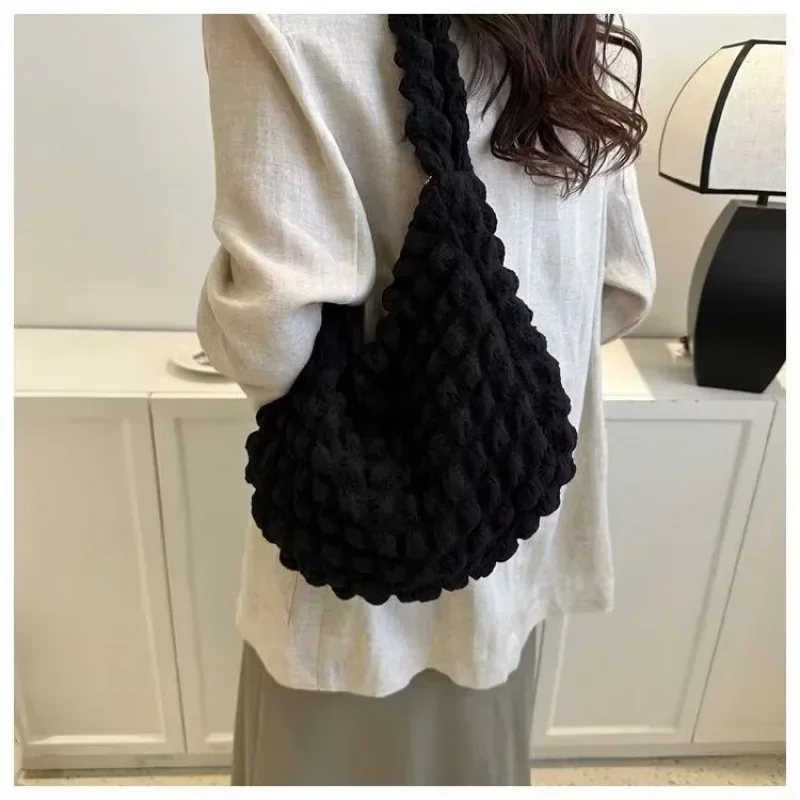 Crossbody Bag With Pleated Design Embroidered Plaid Shoulder Bag Underarm Bags Simple Large Capacity Quilted Tote Bags For Women
