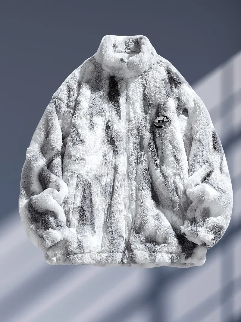 

[Soft Fleece Graffiti Jacket] Men's Soft Fleece-Lined Graffiti Jacket - Pink & White Zip-Up Coat with Removable Badge