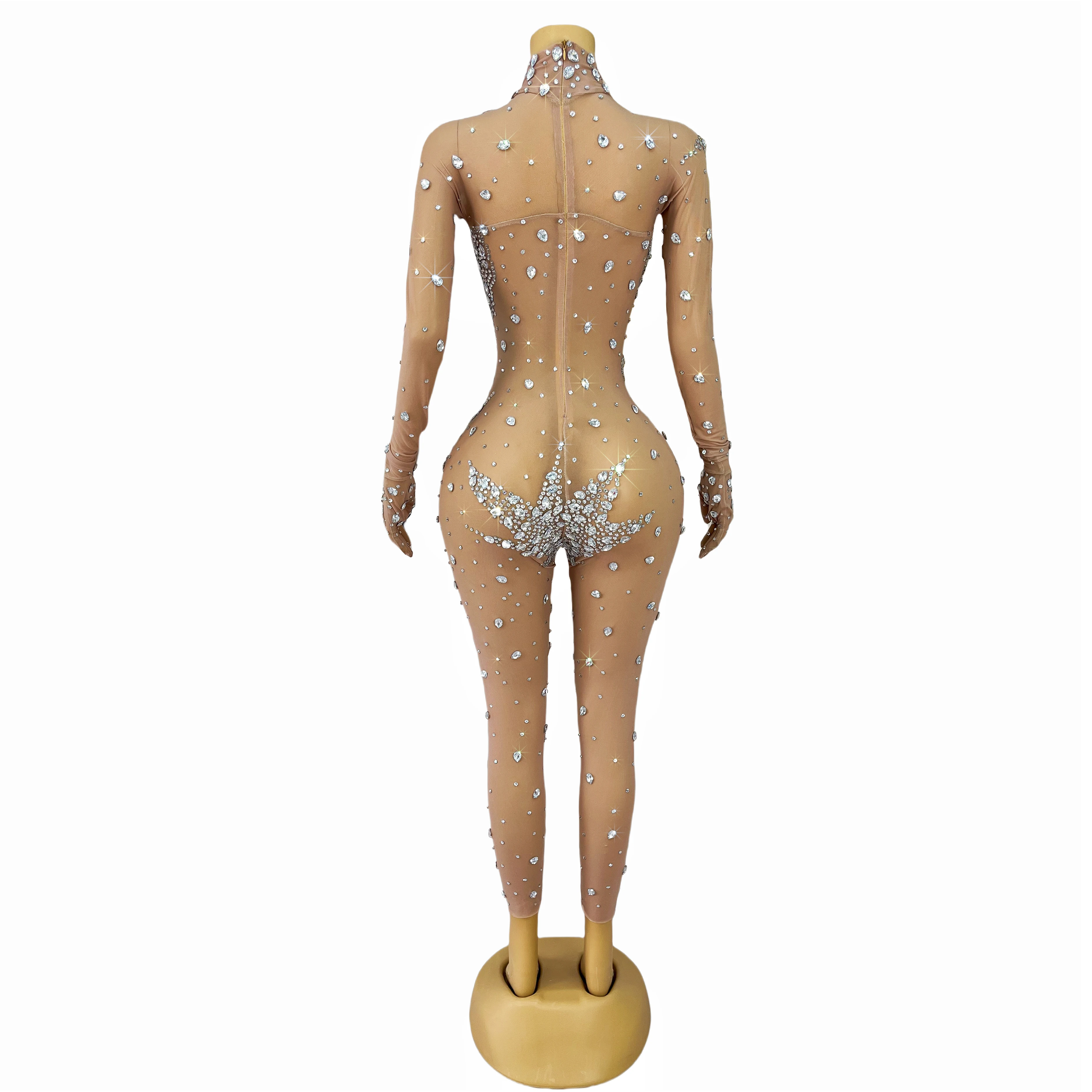 Luxury Handmade Sparkly Rhinestones Bodysuit Sexy Nude Mesh Long Sleeves Glove Jumpsuit Dance Show Perform Outfit Lianhuaban