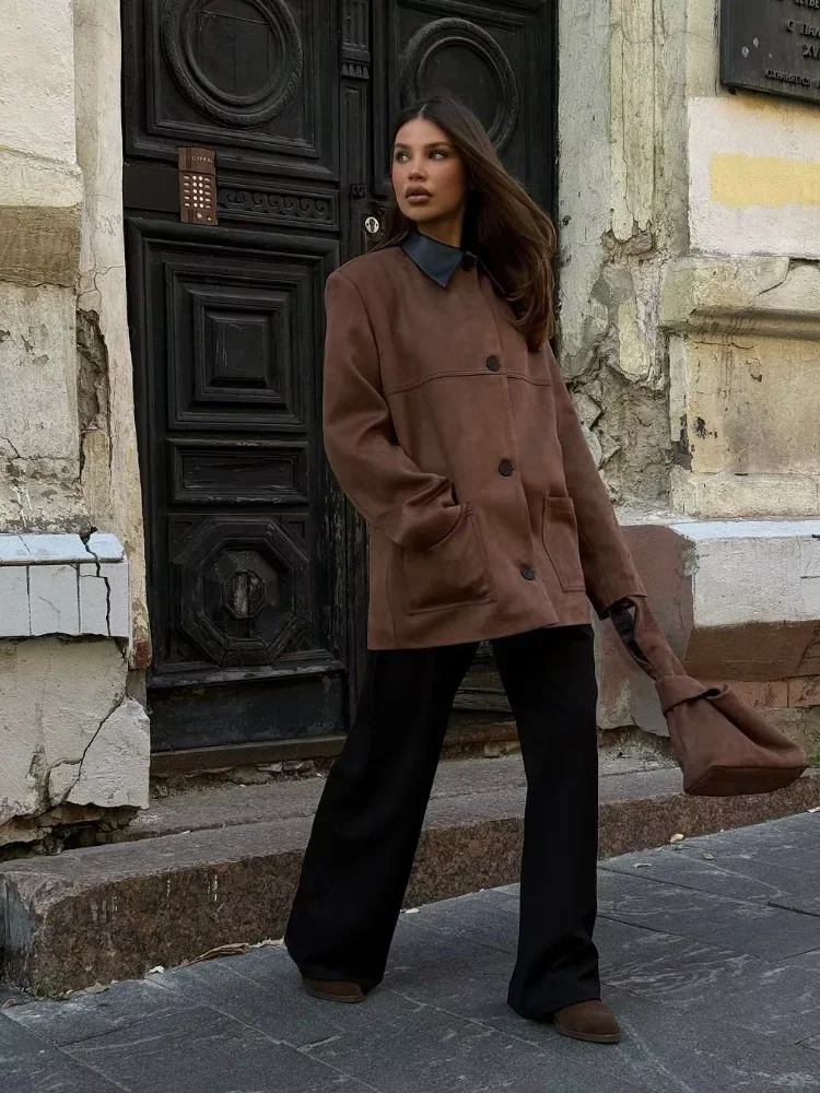 المرأة التلبيب سترة قصيرة من جلد الغزال 2025 الخريف جيب غير رسمي واحدة الصدر معطف سيدة الخريف اليومية التنقل شارع العليا ملابس خارجية