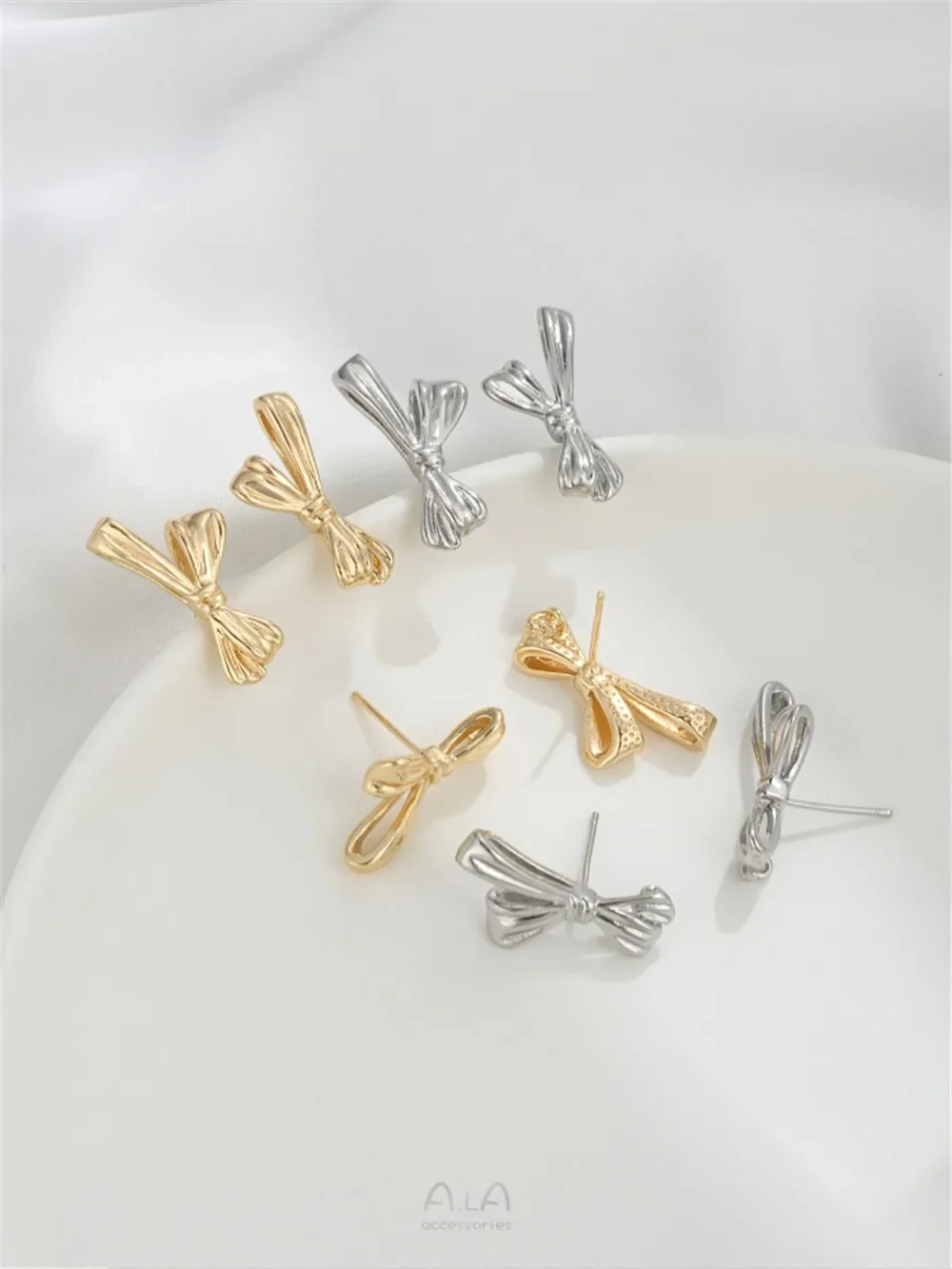 14K Gold Bow with Rings Earrings 925 Silver Needle Diy Hand-hung Pearl Ear Jewelry Accessories E366