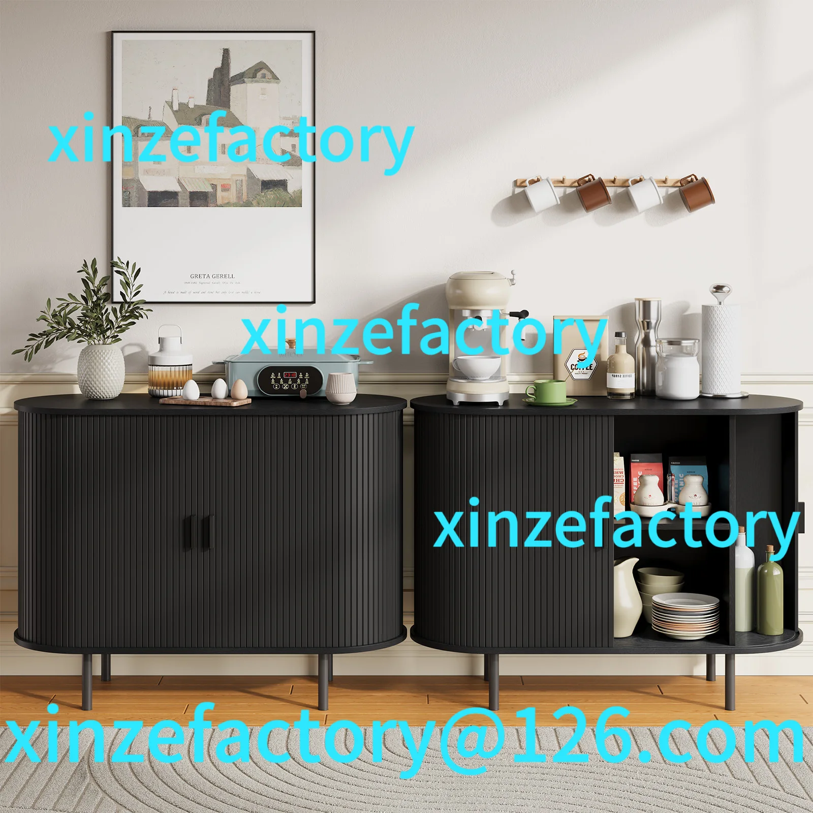 خزانة بوفيه جانبية قابلة للتخصيص مع مساحة تخزين، 40 بوصة مع باب منزلق ورف قابل للتعديل، وبار القهوة