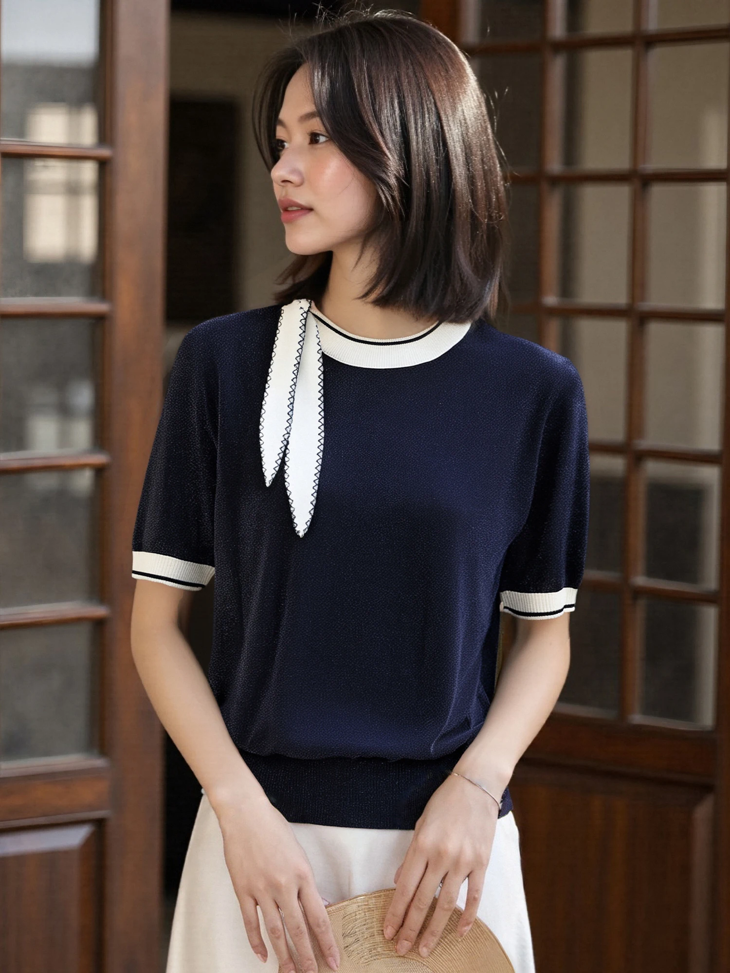 

Chivirin Summer New Loose Knitted ort Sve T-irt Color Blo Design Luxury Faion Belted Women's Premium Quali Top