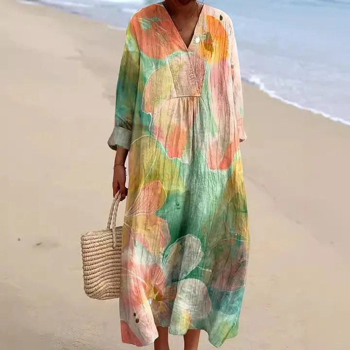 

Dress Women Long Dresses A Line Print Floral Vestidos Streetwear V Neck Full Sleeve Elegant Splice Y2k Casual Loose Work 2025