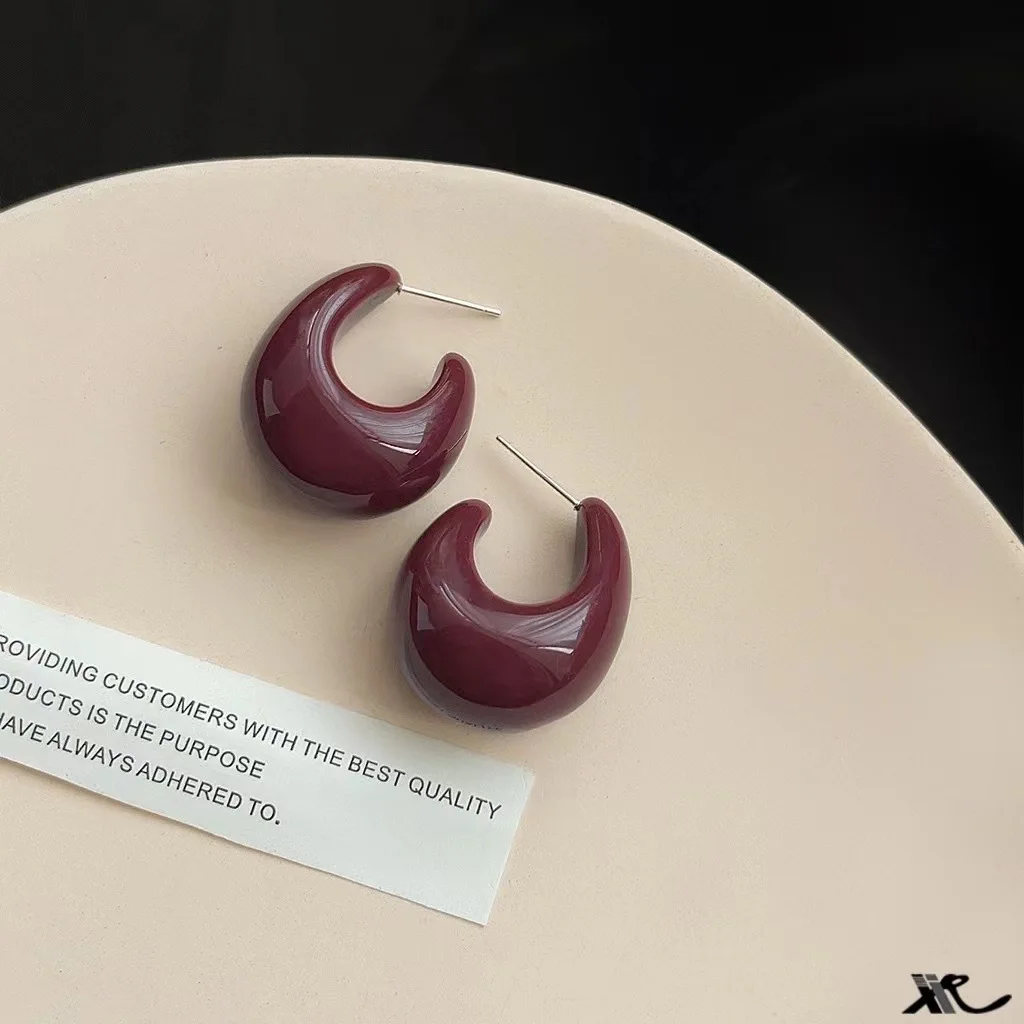 Vintage Silver Needle Dark Wine Red Drop Earrings Female Resin Personality Temperament Earrings