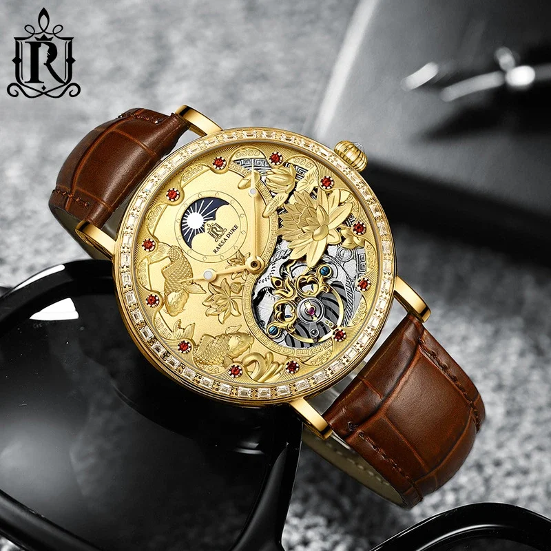 Men\'s Leather Tourbillon Automatic Mechanical Watch Moon Phase Function Luminous Waterproof Automatic Movement Man Watch