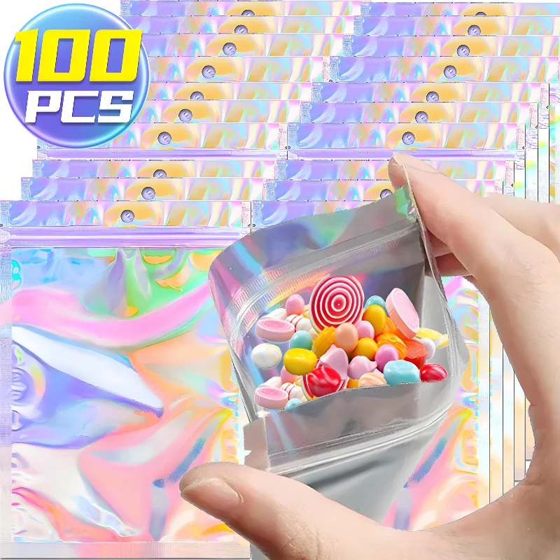 

Laser Sealing Bags Holographic Ziplock Bags Candy Food Iridescent Self-Sealing Pouch Resealable Necklace Jewelry Gift Packaging