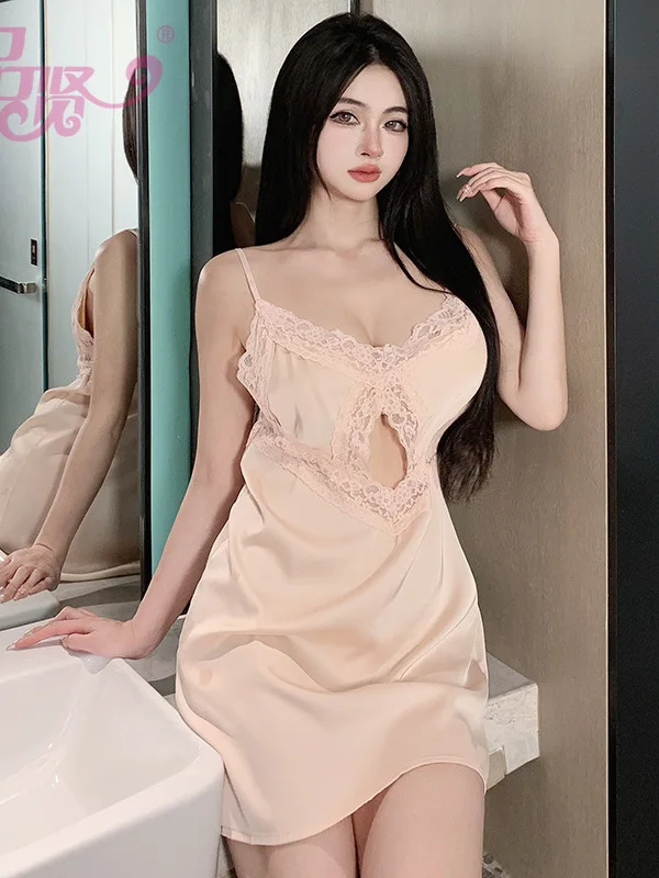 Malha tanque mini vestido de renda estilingue vestido sexy elegante transparente oco para fora renda sexy moda 2023 topos coreano especiarias meninas q12j