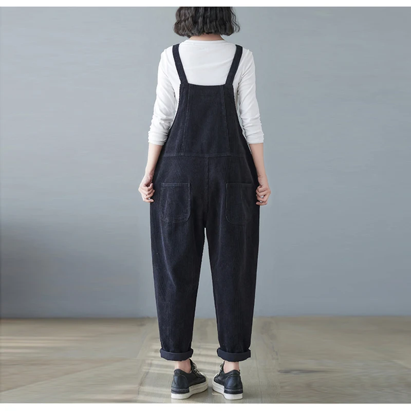 Winter Cotton Warm Corduroy Jumpsuits For Women Casual Streetwear Loose Wide Leg Overalls Big Size Rompers Straps Baggy Pants