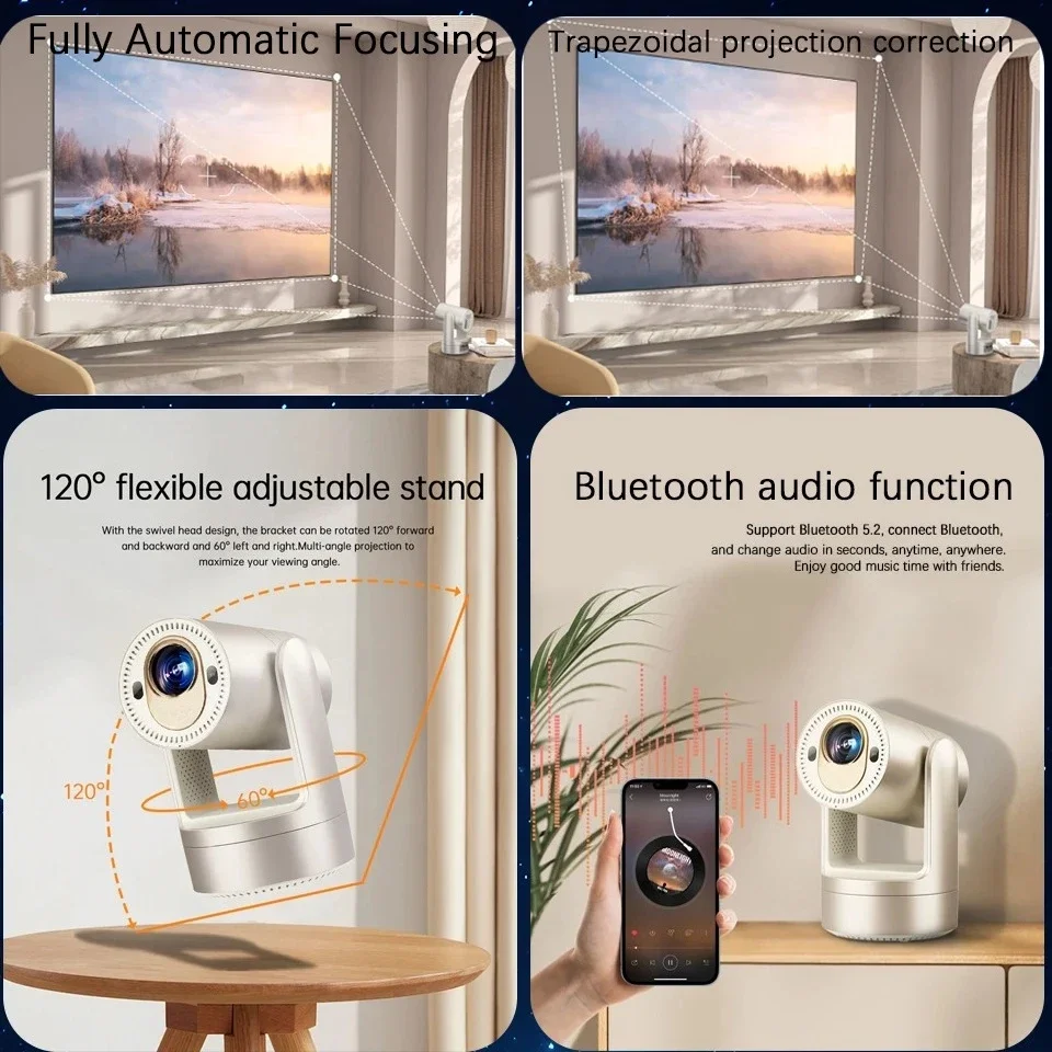 New HY7 Projector 1080P 4K DLP Smart Android 12 Built-in battery 380 ANSI Lumens WiFi 6 Home Cinema Portable Outdoor Projector