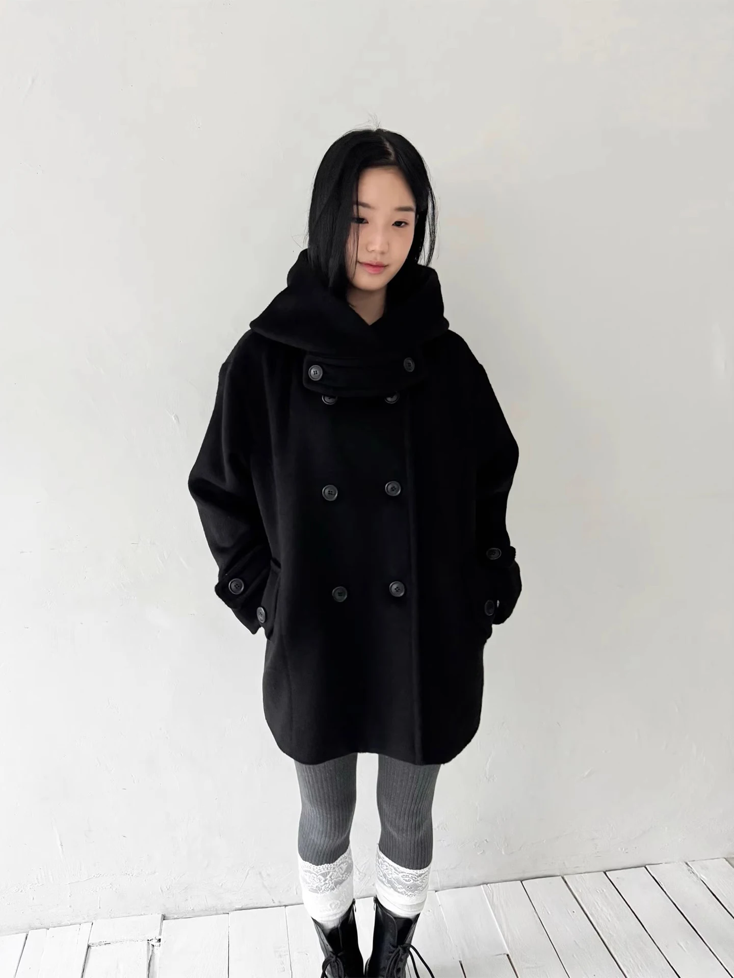 Women's Hooded Woolen Coat Pure Color Double-Breasted Winter Jaet Korean Sle Loose Fit Long Sve Mid-Length Coat