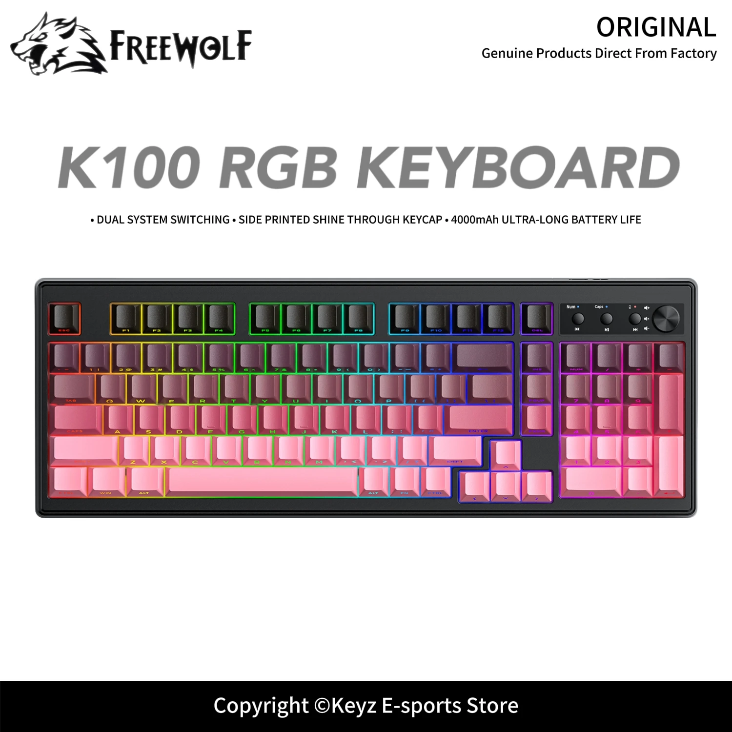 Tri-Mode Wireless Keyboard FREEWOLF K100 Side Printed Shine Through Keycaps RGB Lighting 4000mAh Battery Multimedia Knob